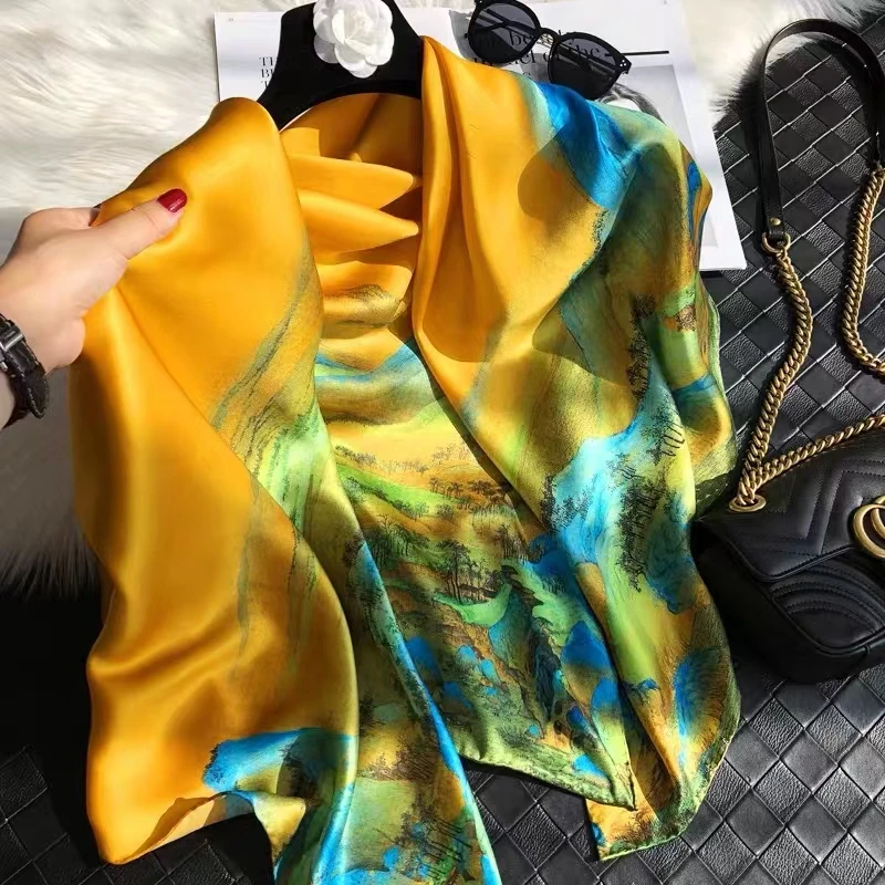 

Yellow Green 100% Mulberry Silk Women's Scarf Bandana Fashion Chinese Style Square Scarves Hijabs Winter Brand Headscarf Foulard