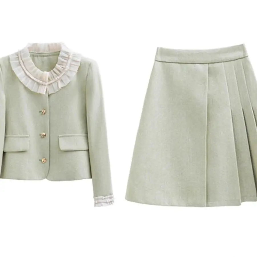 Early Spring 2024 New Elegant Tweed Two-Piece Set for Petite Women Female Office Lady: Korean Style Chic Jacket and Skirt Sweet