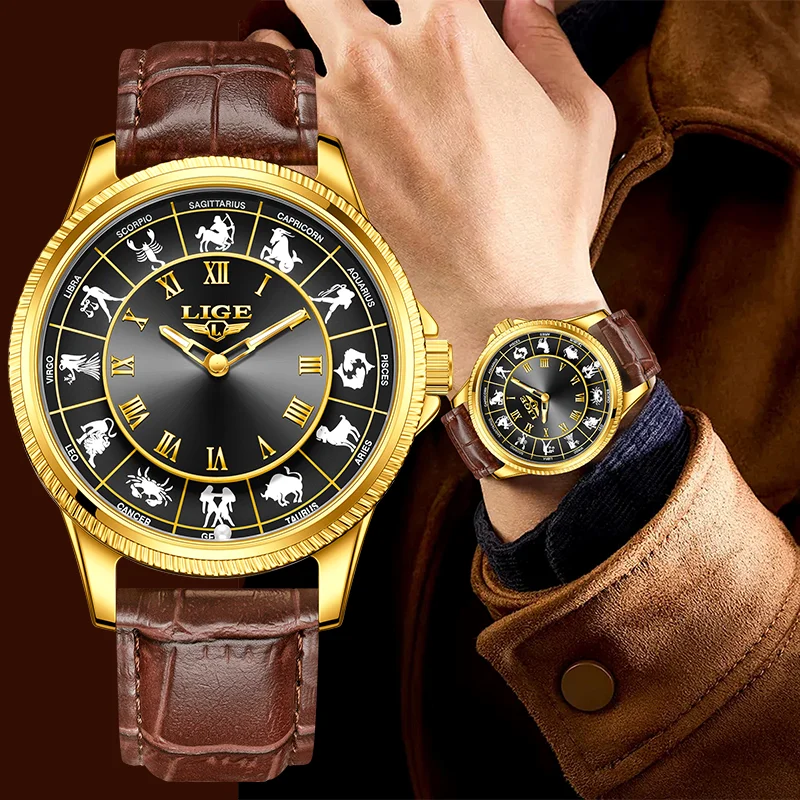

LIGE Top Luxury Constellation Dial Quartz Man Watches Classic Casual Sport Leather Belt Zodiac Sign Waterproof Watches for Men