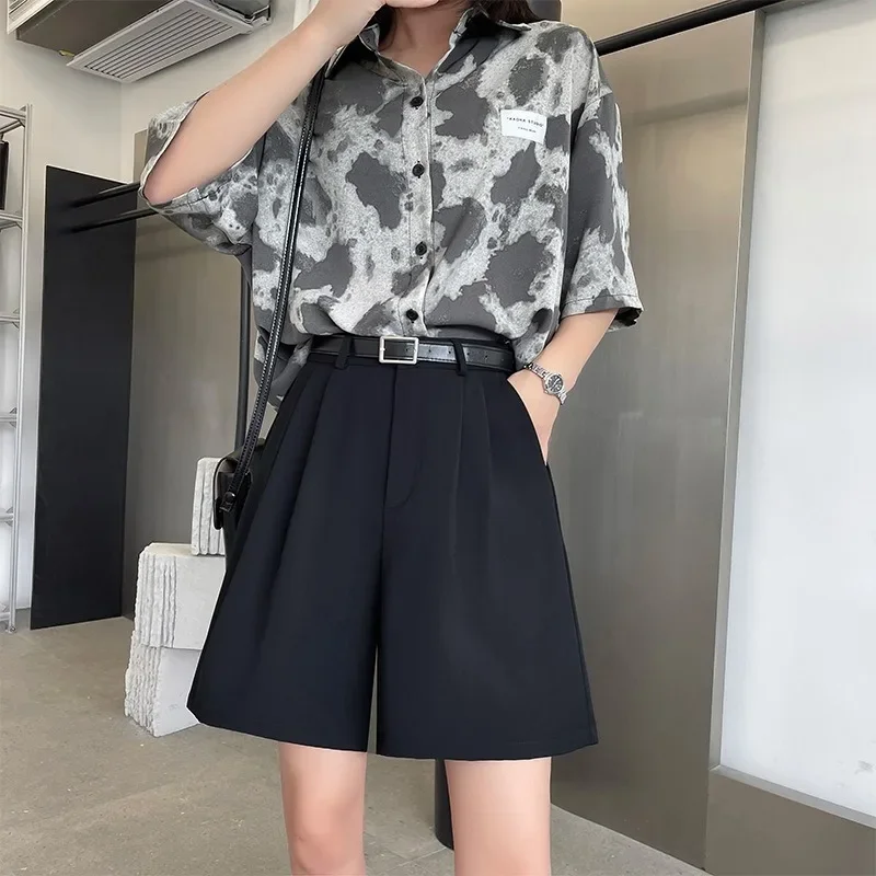 Korean Style Fashion Suit Shorts Summer New High Waisted Slimming Loose Wide Leg Pants Casual Women's Five Quarter Pants