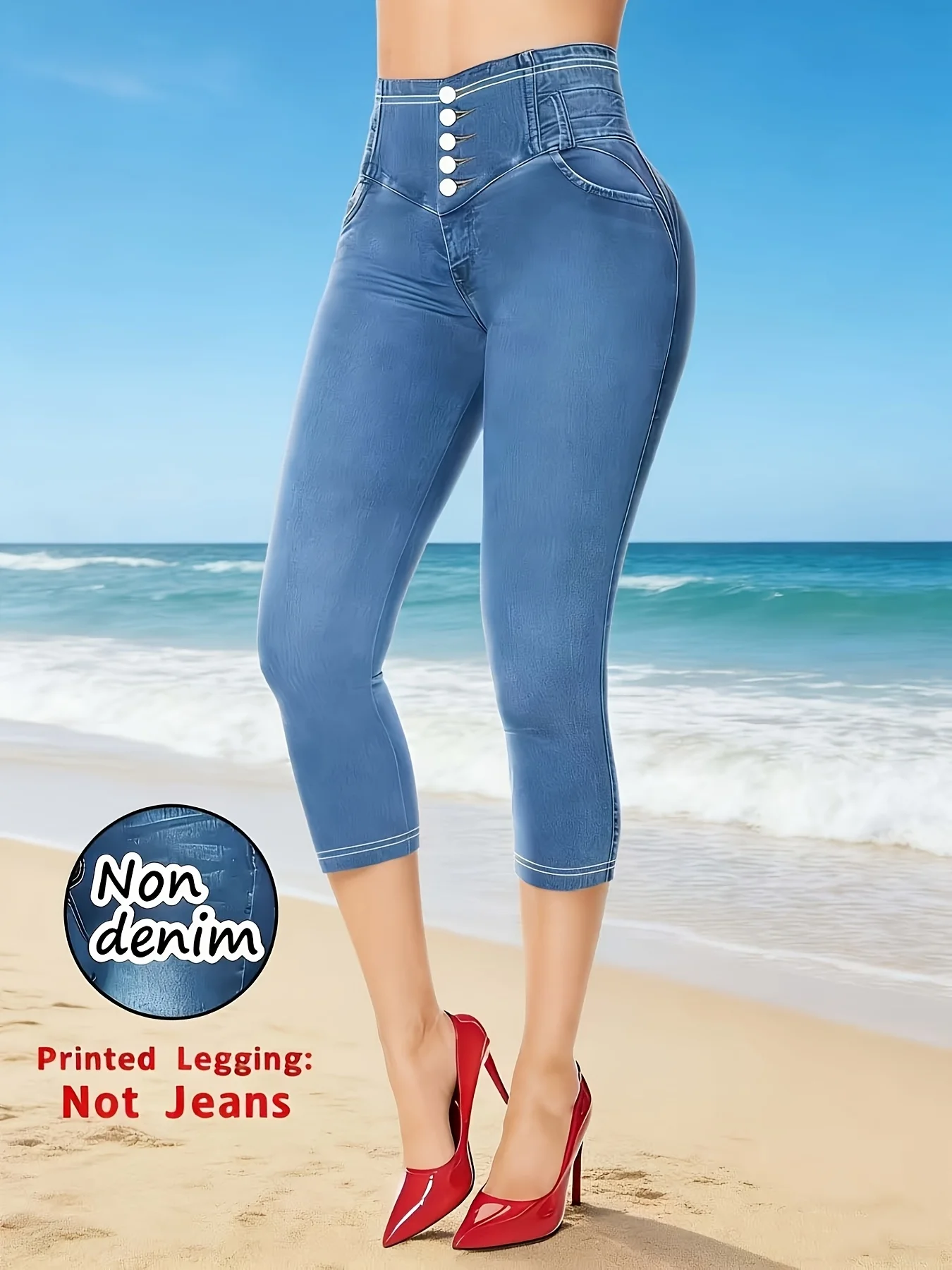 Damen-Capri-Leggings mit Denim-Print, nicht aus Denim gefertigte, lässige Skinny-Hose, dünne, atmungsaktive, sportliche, lässige Yogahose