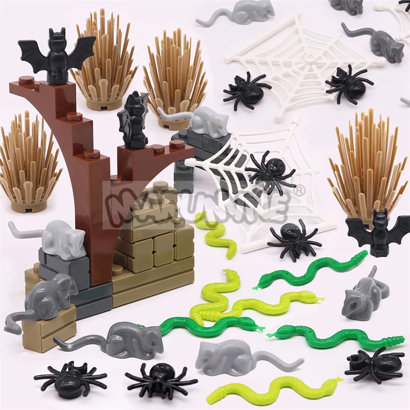 

Строительные блоки Marumine на Хэллоуин, аксессуары, паук, летучая мышь, змеиная кущ, детали MOC, 6064 30238, 30103, 40234, совместимые