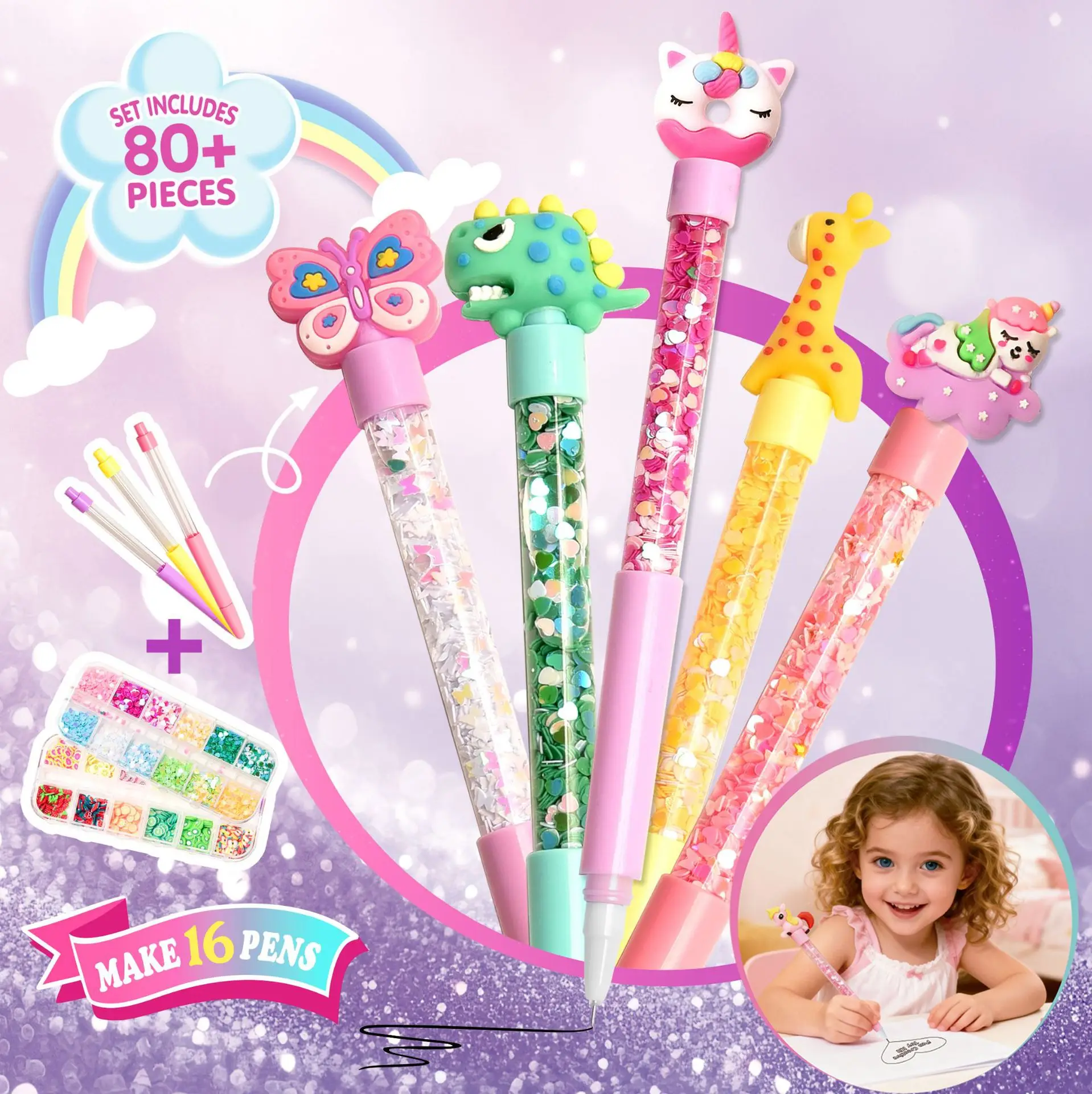 DIY 글리터 펜 만들기 키트 어린이 공예 용품 80+개 수제 미술 세트 16개 펜 만드기 만화 장식 생일 선물 소녀용