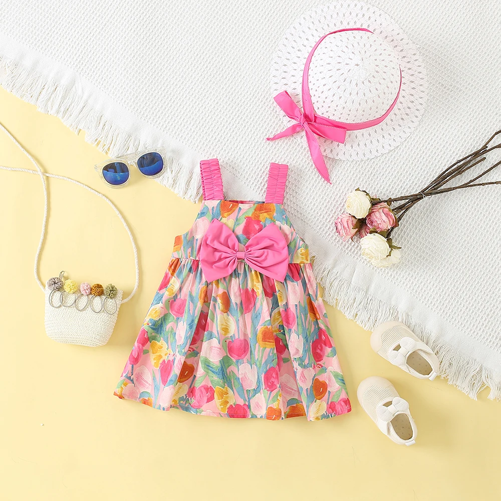 

Baby Clothes Girl Summer Bow And Tulip Pattern Dazzling Style Halter Baby Dresses Cute Casual Beach Girls Dress With Hat