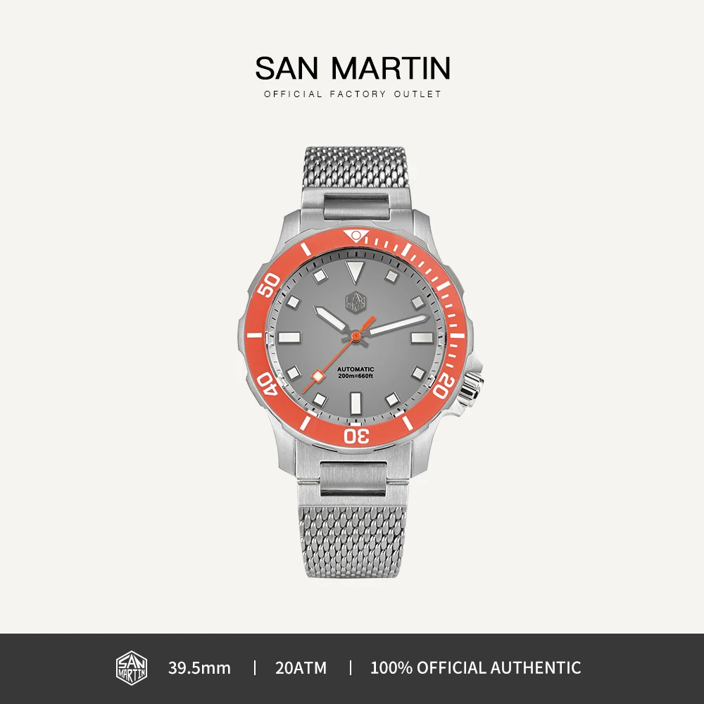 

San Martin Design 39.5mm Men Diver Watch NH35 Mechanical Man Watches Stainless Steel Milanese Bracelet Waterproof 20Bar SN0085