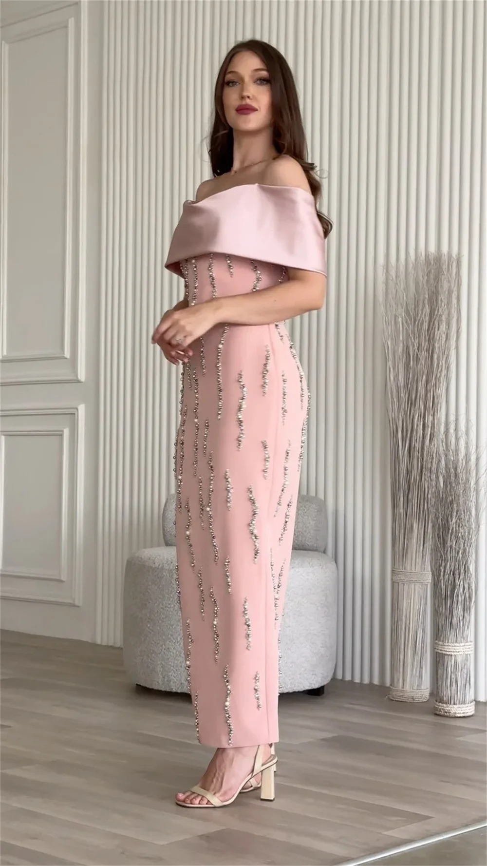 Customized Saudi Arabia Prom Dress Dearin Off-the-shoulder Column Ankle Length Skirts Open Back Layered Vertically Bead Bespoke