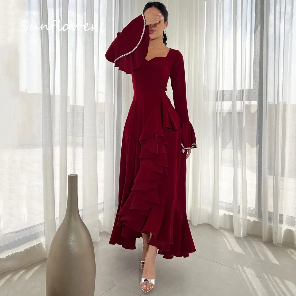 Sunflower Wine Red Beading Sweetheart A-LINE Evening Dress Saudi Arabia 2024 Slim Crepe Long Ankle-Length Prom Dress