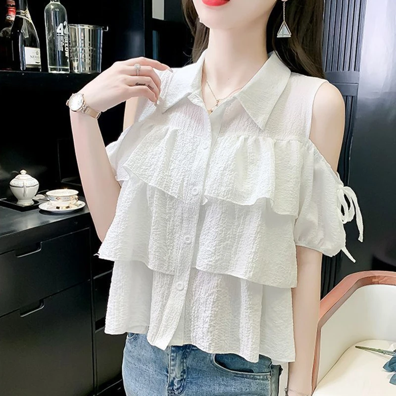 Casual Off Shoulder Ruffles White Shirt for Women Short Sleeve Y2k Clothes Chiffon Blouses Sweet Cute Ladies Summer Crop Tops - view 4
