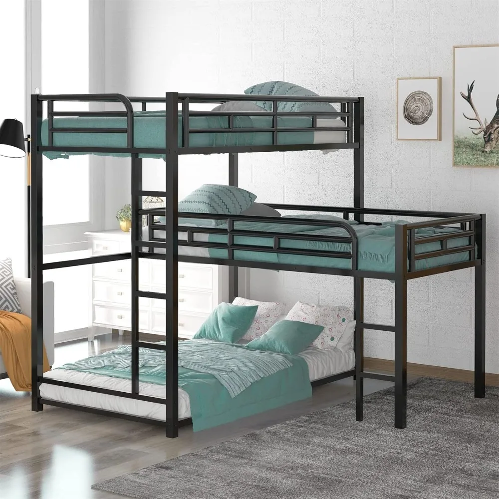 

Triple Bunk Beds, L-Shaped Metal Bunk Bed for 3 Kids Adults with 2 Built-in Short Ladders and Full-Length Guardrails