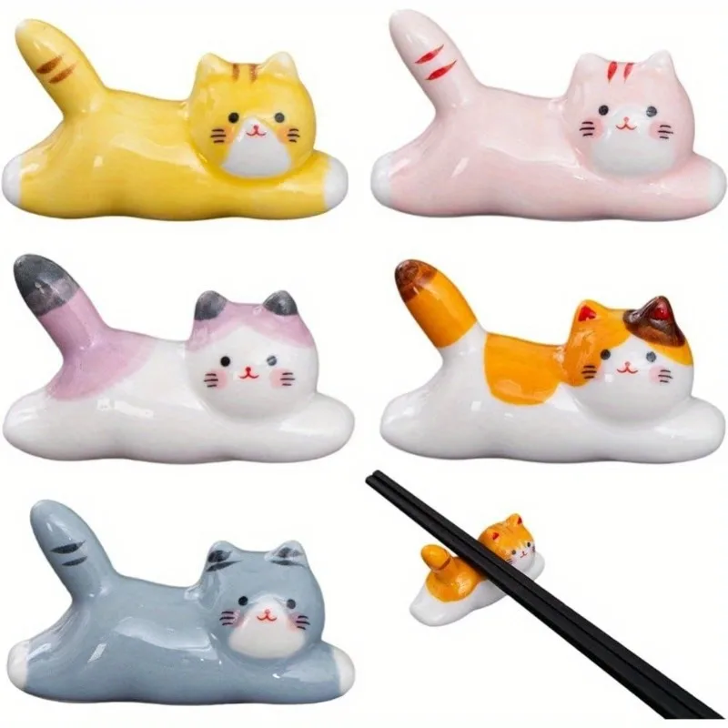 Ceramic Cat Chopstick and Utensil Holder Spoon Fork Rest Stand Japanese Style Tableware Storage Rack for Kitchen Organization