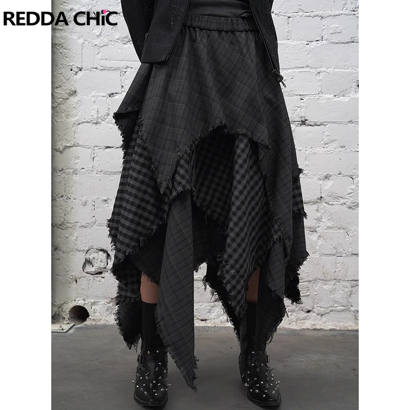 REDDACHiC Irregular Ruffle Flowy Skirt for Women Retro Tartan Plaid Patchwork Raw Edge Elastic Waist Long Skirt Grunge Clothes