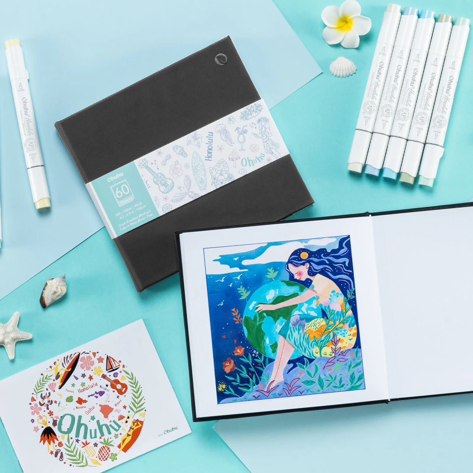 Ohuhu Bleedproof Double-Sided Marker Pad with PU Cover Art Sketchbook Hardcover Sketching Book for Alcohol Markers Paints Draw