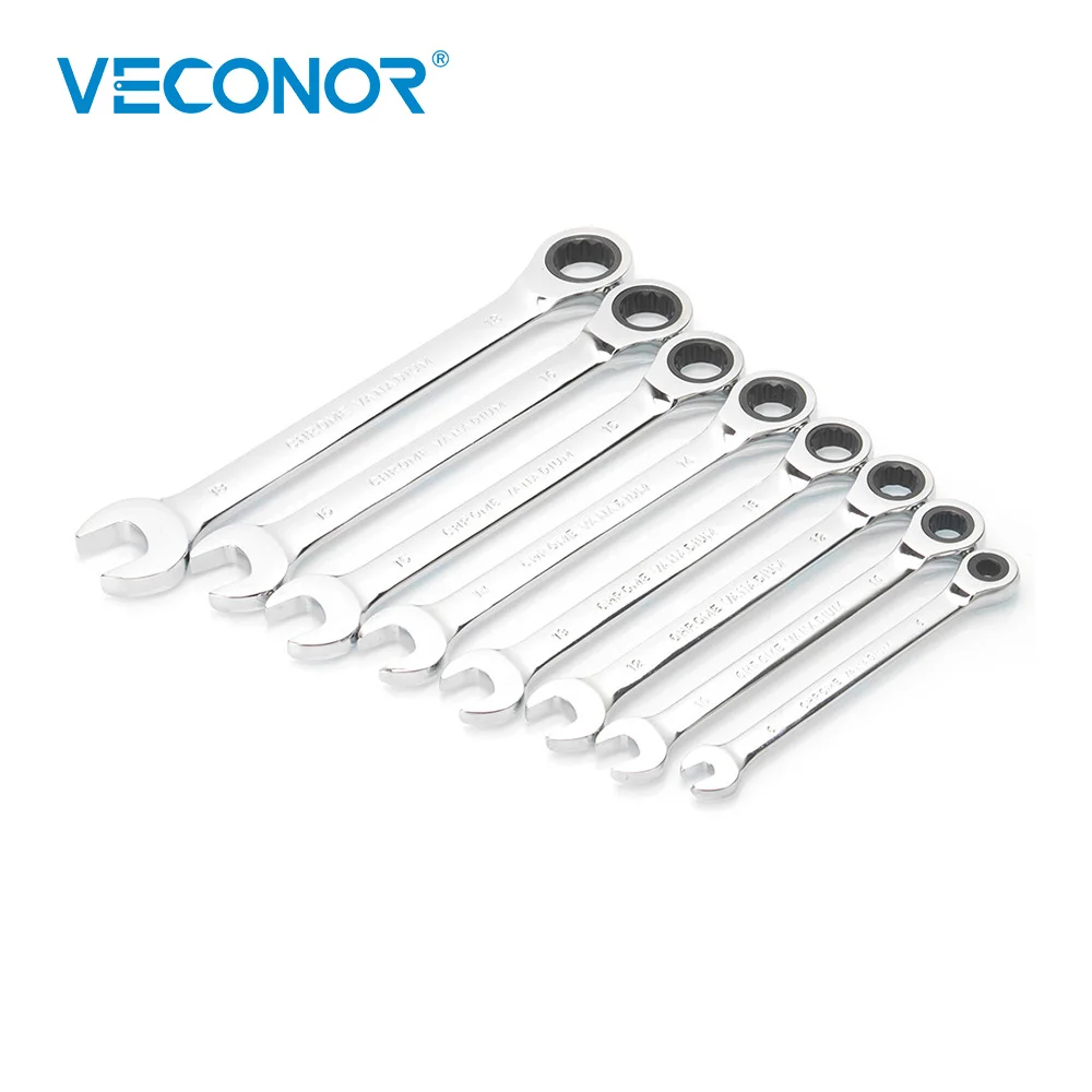 Veconor 8 Pieces 6-18mm Ratcheting Combination Wrench Spanner Set A Set of Key Wrench With Plastic Tool Storage Rack Hand Tools