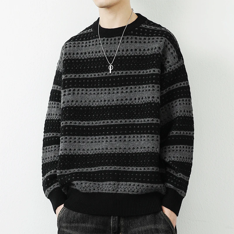 

2023 Men's Casual Striped Harajuku Streetwear Loose Knitwear Spring and Autumn Knitted Long Sleeved Pullover Fashion Top A230