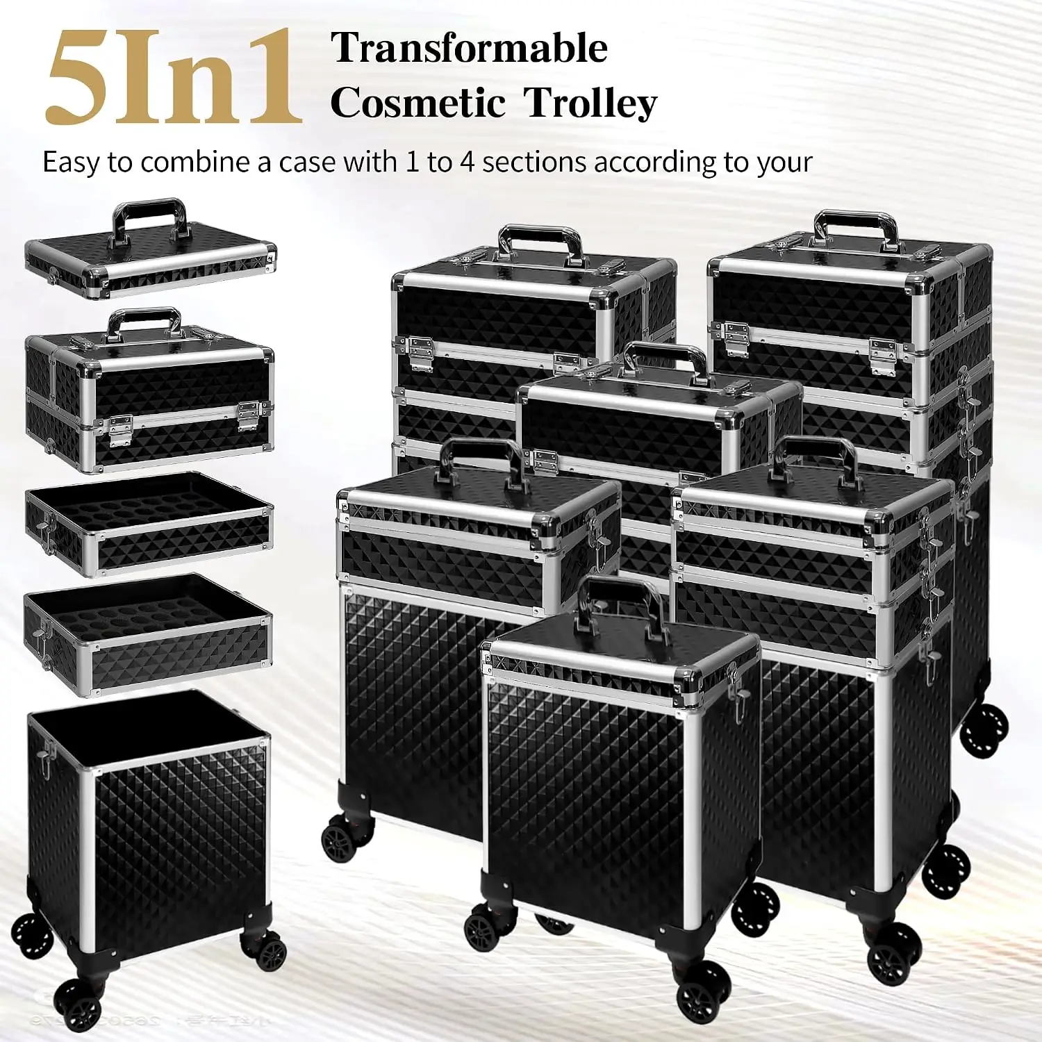 Rolling Makeup Train Case, Cosmetic Trolley Luggage Box, Salon Beauty Barber Tool Storage Organizer, Multi Layer Detachable Caster Wheel Holder, Classic Style, Solid Black, 1 Pack view 3