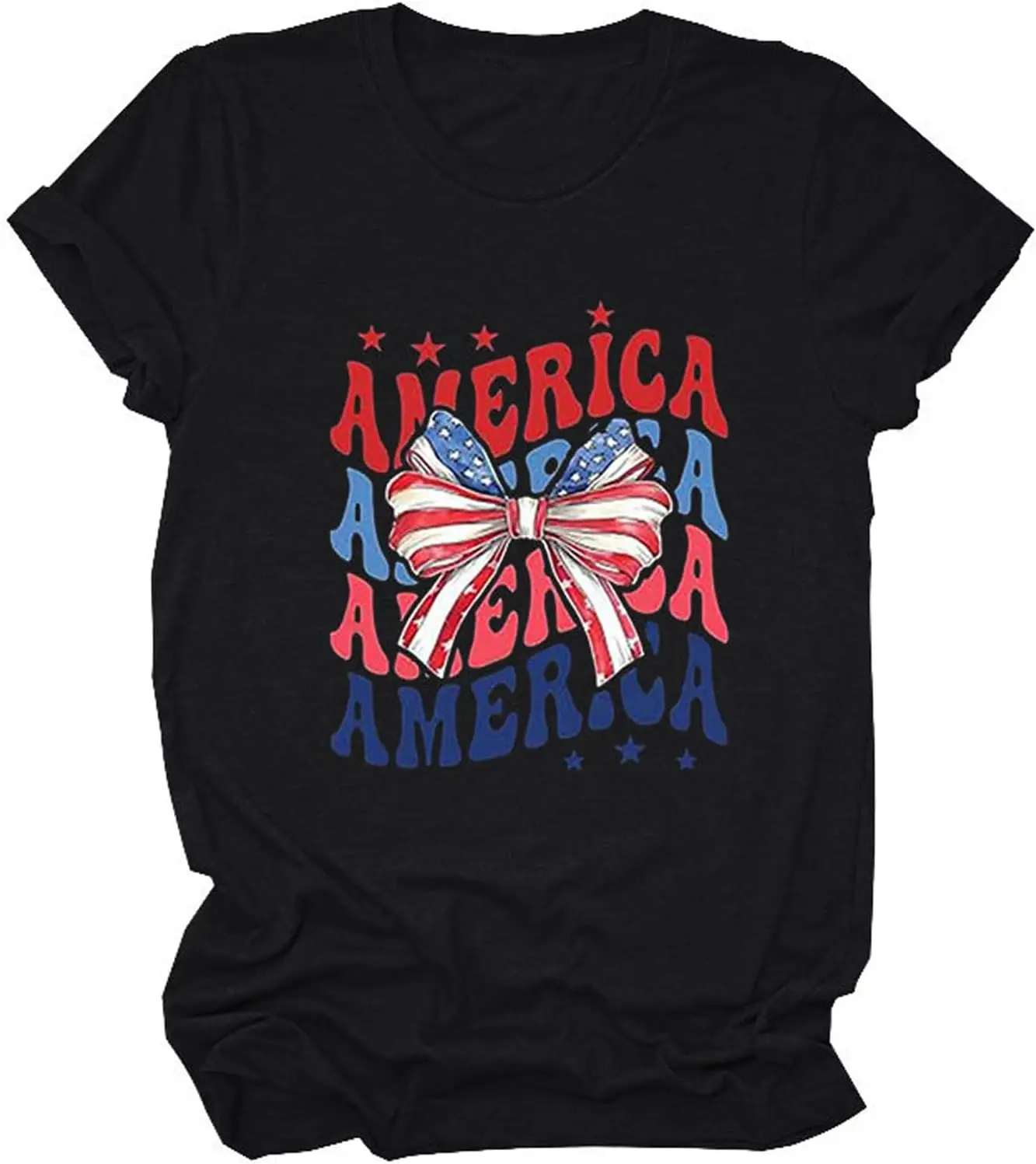 American Flag Patriotic T-Shirts for Women 4th of July T Shirt USA Flag Bow Tie Stripes Printed Tees Short Sleeve