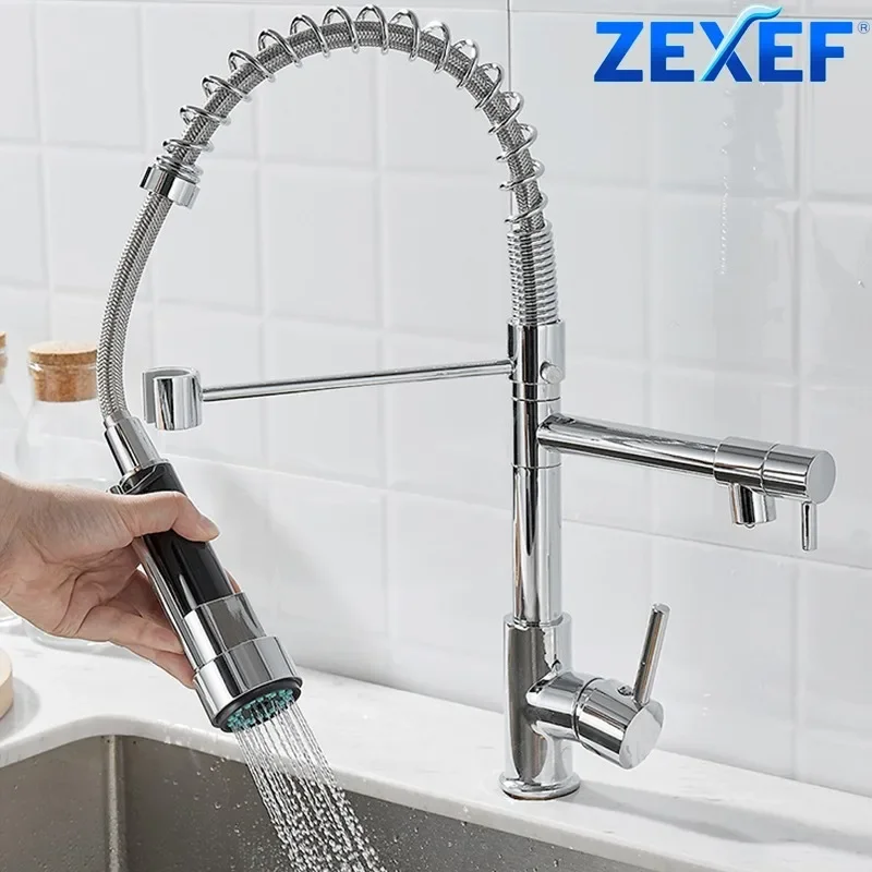 

ZEXEF Brushed Gold Kitchen Faucet With Sensor Pull Out Spring 360 Dual Hot and Cold Water Tap Only Outlet for Rotating Accessory
