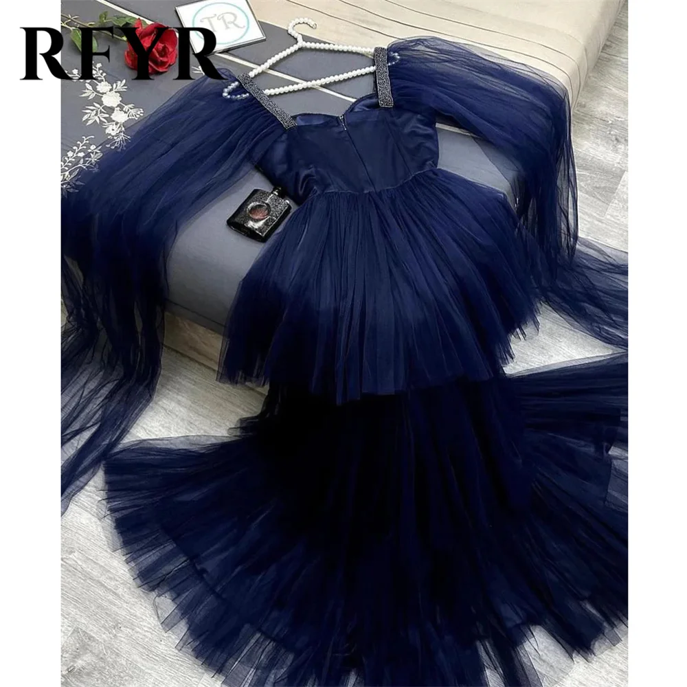 RFYR Elegant Royal Blue Prom Dress Swetheart Tulle Evening Dress Bead Appliques Tiered فستان سهرة Long Cape Sleeves Party Dress