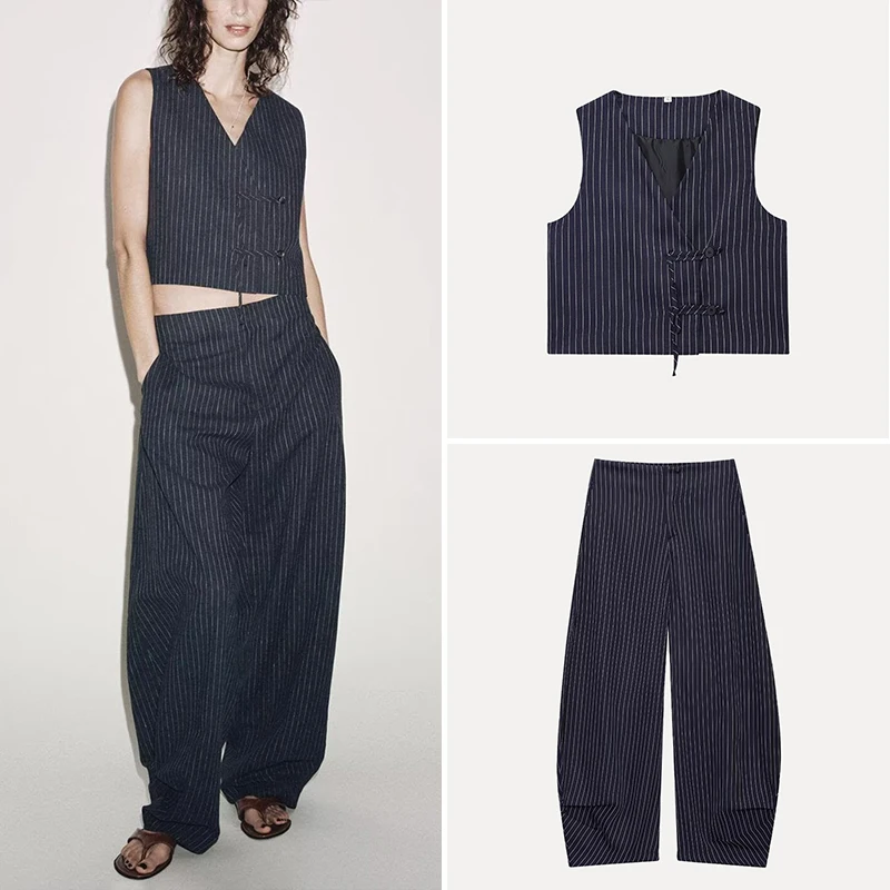 

2025 Summer New Women's Striped Vest And Pants Set Long Pants Polyester Fiber Short Sleeve V-neck Button Closure Fashion Set