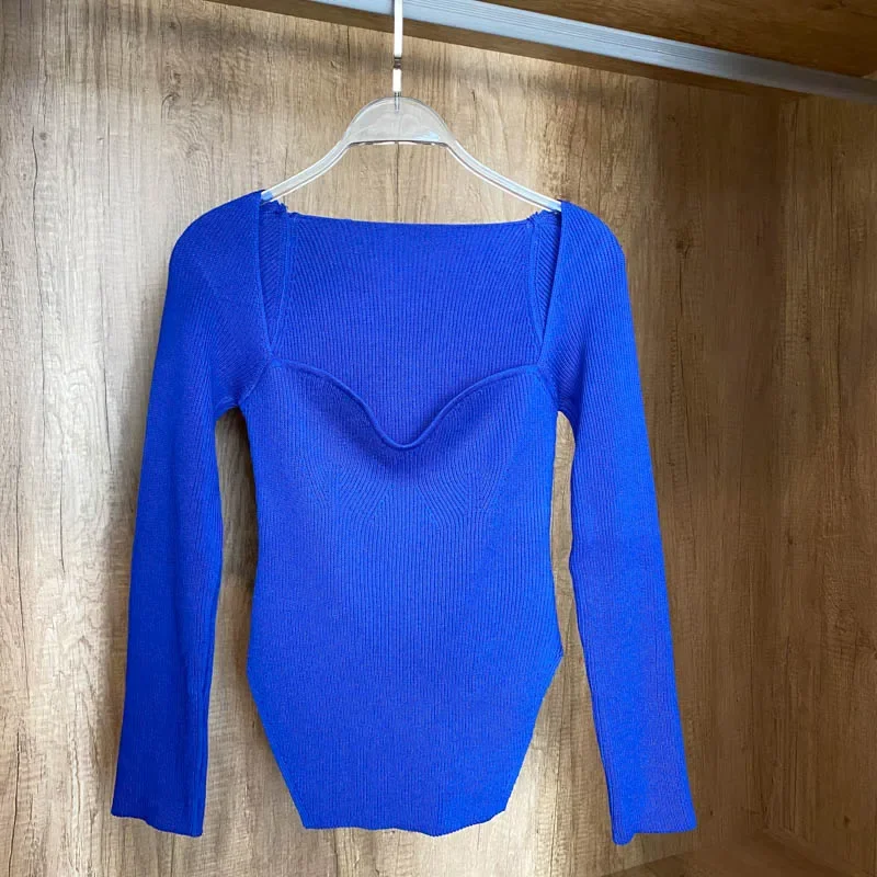 Women Chic Square Collar T-shirt Slim Mesh French Fashion Sweet Knit Long Sleeves Top Autumn Winter Women Hotsweet Beach Blouse