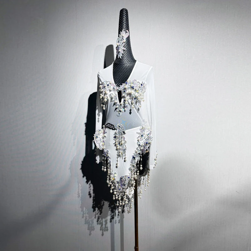 Latin Dance Adult Children's Dress AB Diamond High-End Custom Bead String Flower Costume Professional Dance Costume