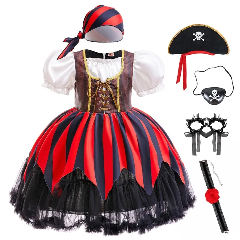 Halloween Cosplay Pirate Captain Costume Short Sleeved Tied Dress Headscarf Set Performance Party Role Playing Outfits for Girls