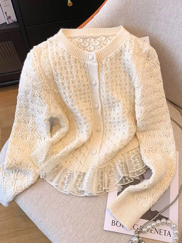 

Beige Fashion O-Neck Patchwork Lace Sweater Women Sweet Long Sleeve Slim Cashmere Top Autumn 2024 Sexy Tide Hollow Out Pullover