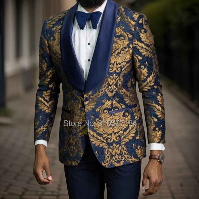 Bloemen Heren Blazer Met Satijnen Sjaal Revers 1 Stuk Slim Fit Bruidegom Feestpak Jasje Heren Mode Kostuum 2024 Nieuwkomer