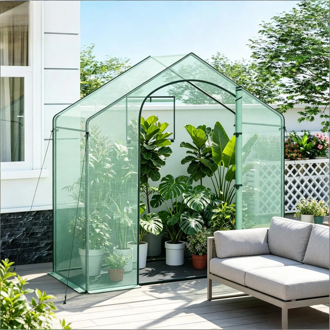 Schickes Gewächshaus, Terrassen-Pflanzenhaus mit aufrollbarer gewölbter Reißverschlusstür – Pflanzen-Winterzelt, Outdoor-Wachstumsunterstand für Garten, Balkon & Terrasse