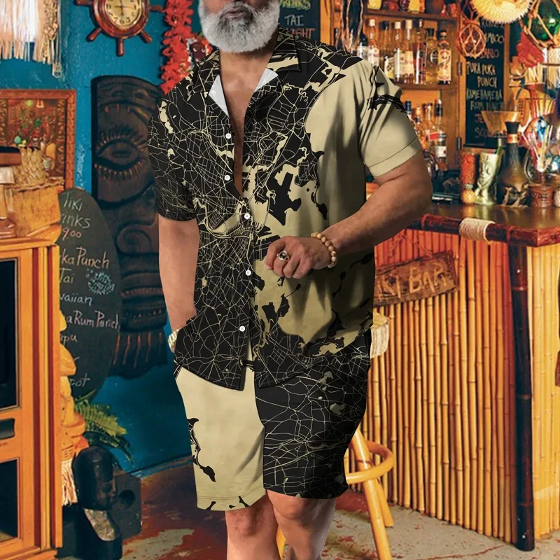 Fashionable printed shirt paired with 3D printed beach shorts, luxurious 2-piece vacation Hawaiian streetwear for men