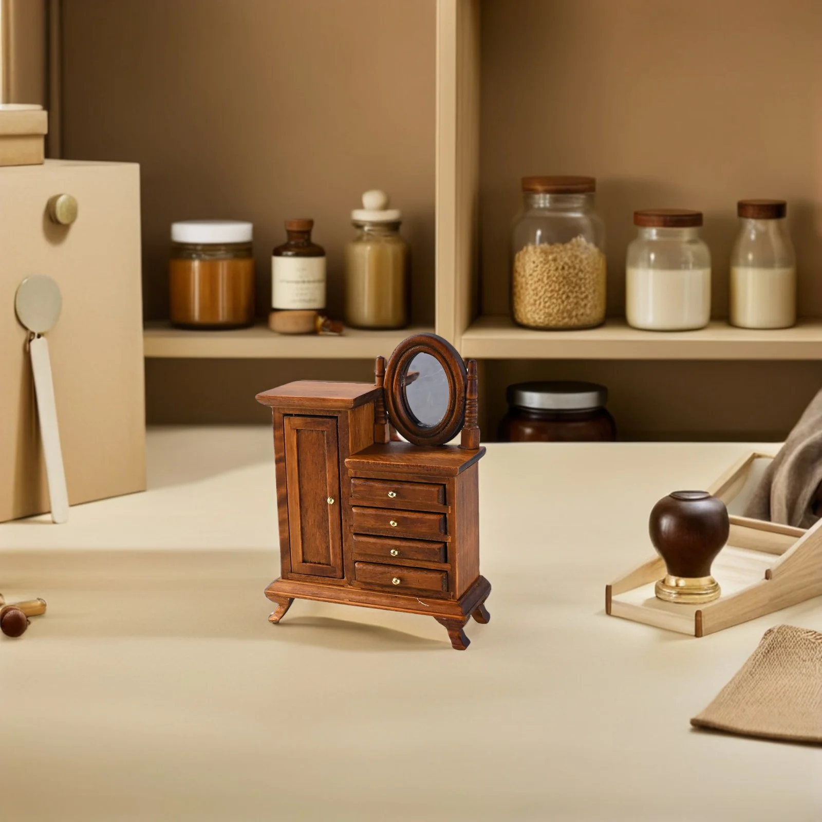 

Miniature Bedroom Furniture 1:12 Wooden Vanity with Mirror Functional Dressing Table Mini Sideboard for Dollhouse Bedroom Scene