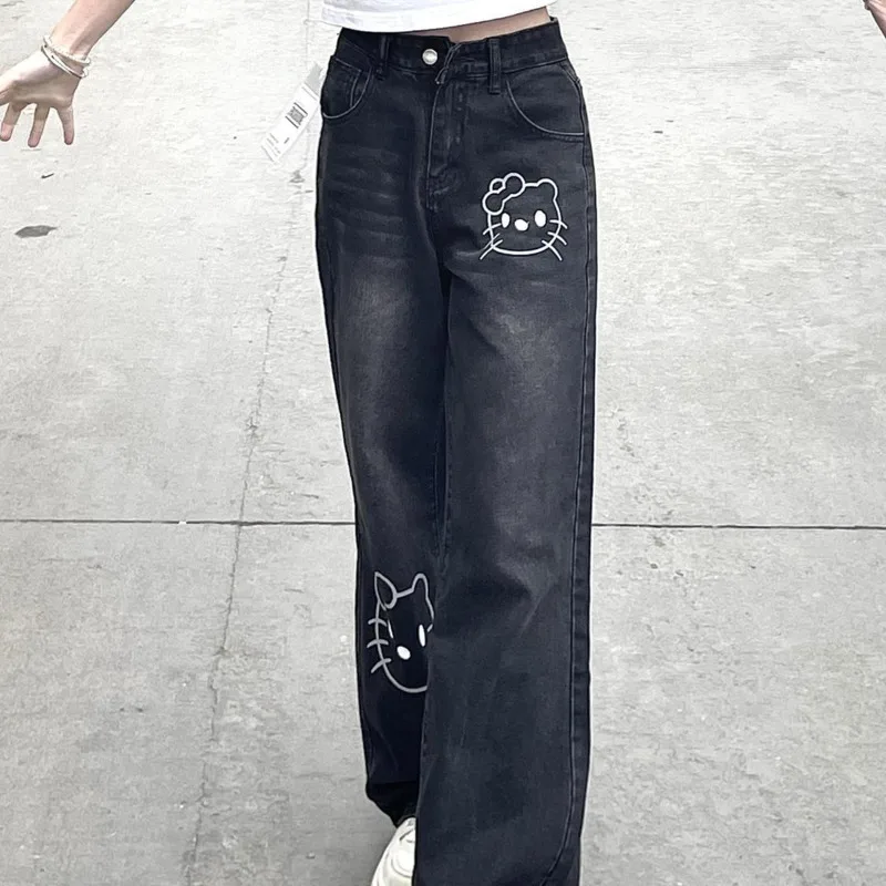 

Sanrio Hello Kitty American Style Black Jeans Spring Autumn New Design Slim Fit High Waist Straight Pants Trendy Wide Leg Pants