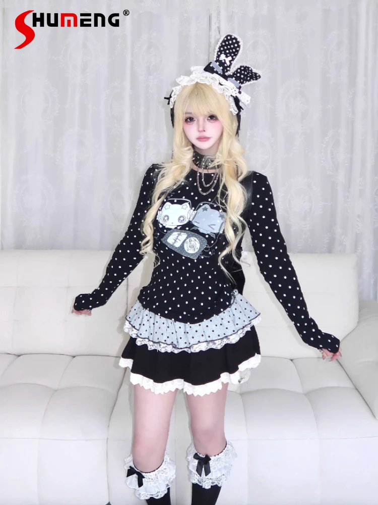 

Весенняя футболка 2026 года в стиле Y2K с принтом в горошек, с длинным рукавом, для женщин и девушек, с мультяшным принтом, облегающая, пуловер, одежда в стиле кавайи