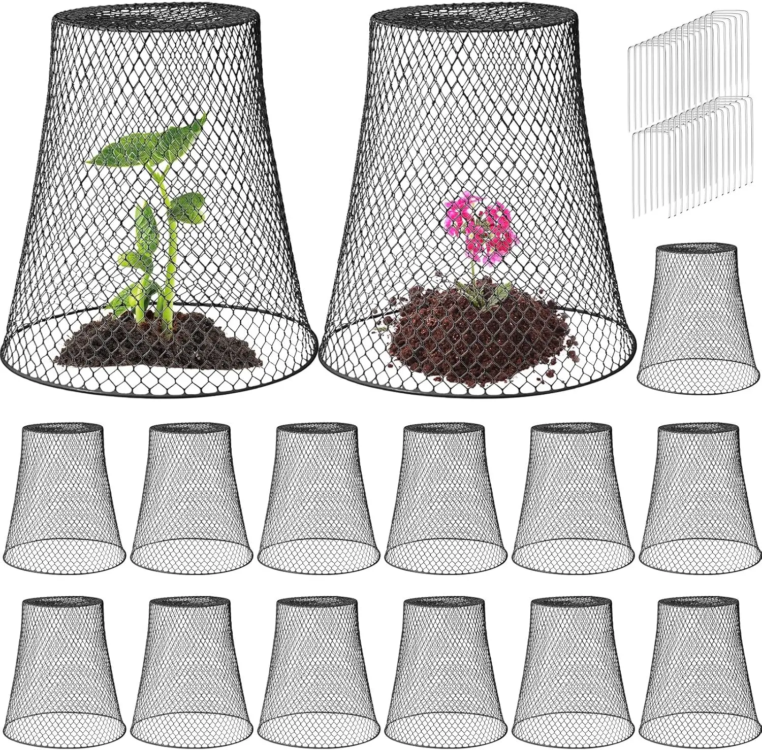

15 Pcs Large Plant Wire Cloche 11 x 12 Inch Metal Garden Cloche with Stakes for Plant Protection from Animals (Black)