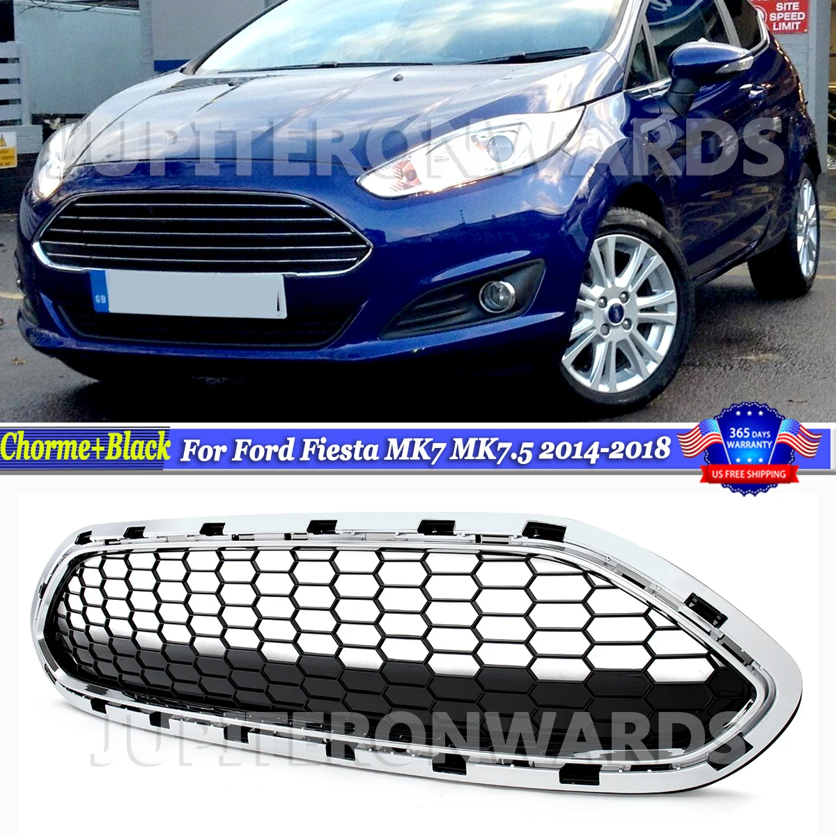 Chrome+ Black Honeycomb Style Front Bumper Grille Grill For Ford Fiesta 2014-18