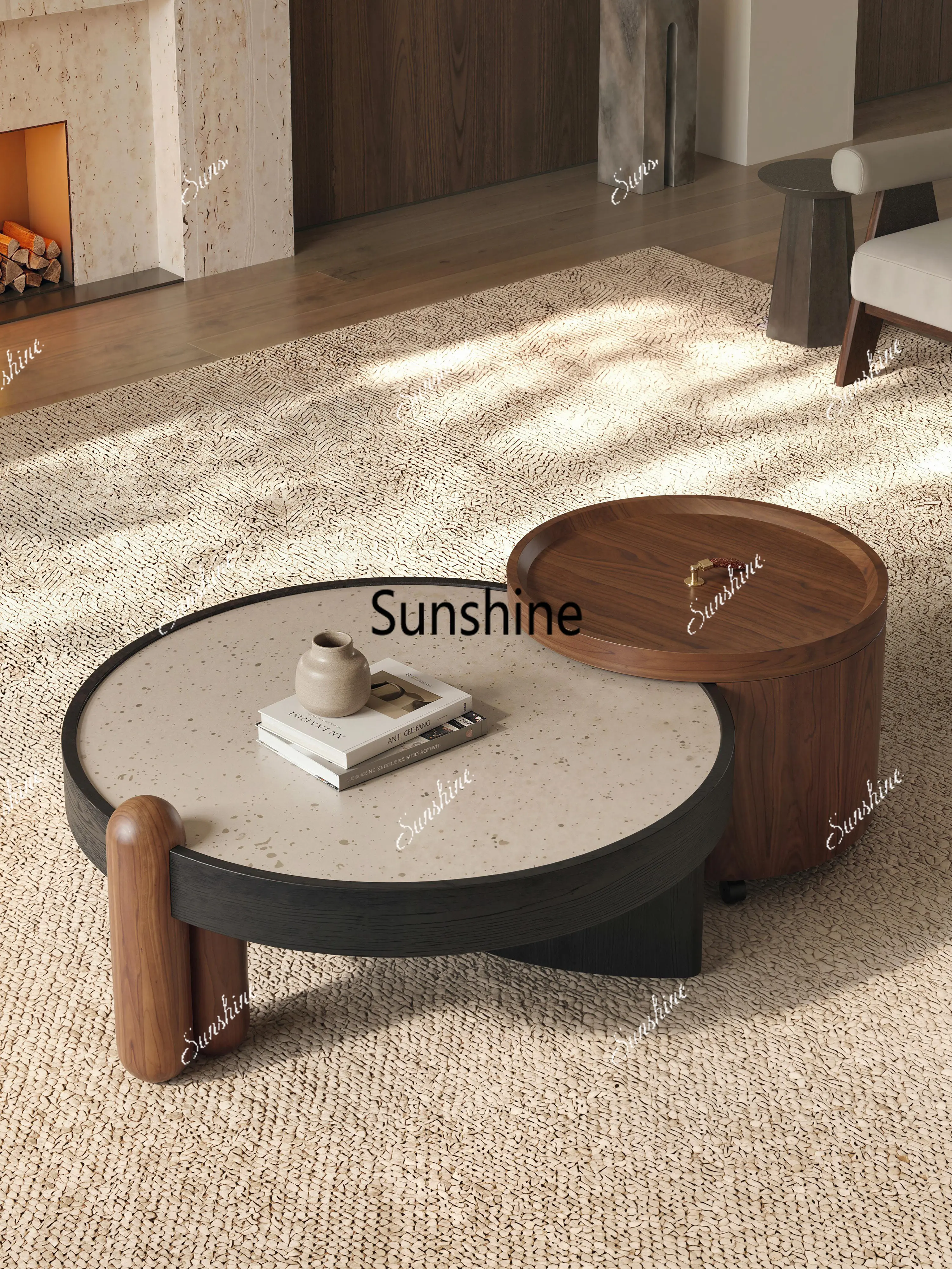 Medieval wabi-sabi wind living room household light luxury high-end round combination coffee table