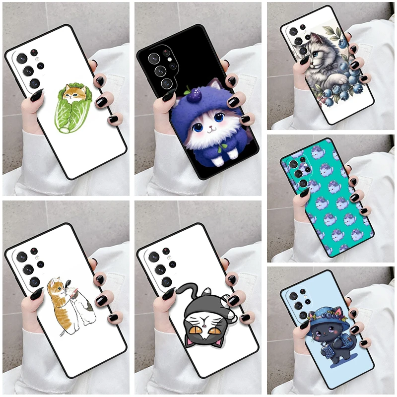 Phone Case For Samsung Galaxy S24 S23 S21fe S22 Ultra Plus Note 10 20 S8 S9 S10 Cover Cute Kawaii Blueberry Cat