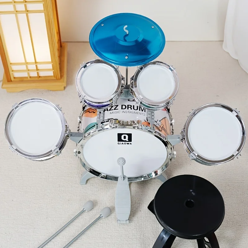 Set di batteria per bambini Kit di batteria jazz per bambini Giocattoli con sgabello Pedale Strumenti musicali a percussione Giocattolo per batteria Regalo per l'educazione precoce per ragazzi