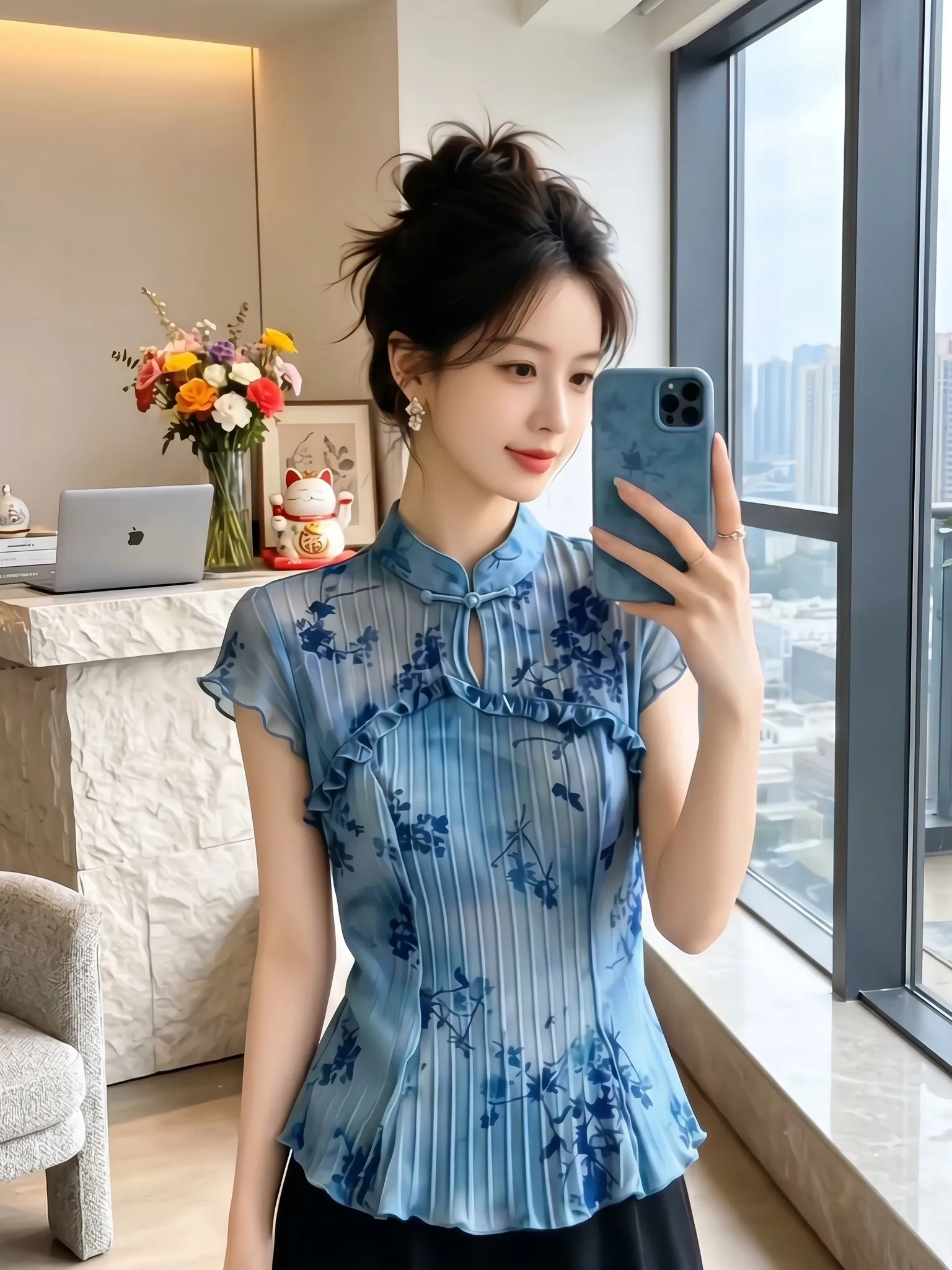 

Slimming Effect Blue Print Summer New Style Women's Shirt Thin Chiffon Waist Cinched Breathable Comfortable Short Sleeve Casu...
