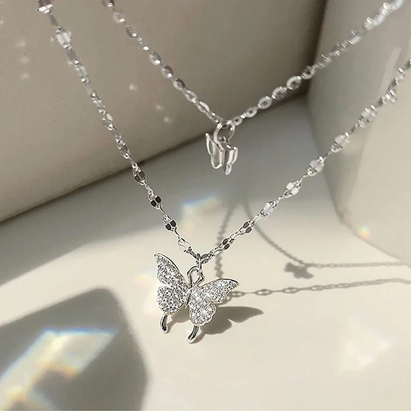 Fashion Simple Shiny Butterfly Necklace Ladies Exquisite Double Layer Clavicle Chain Cool Neck Chain For Women Gift