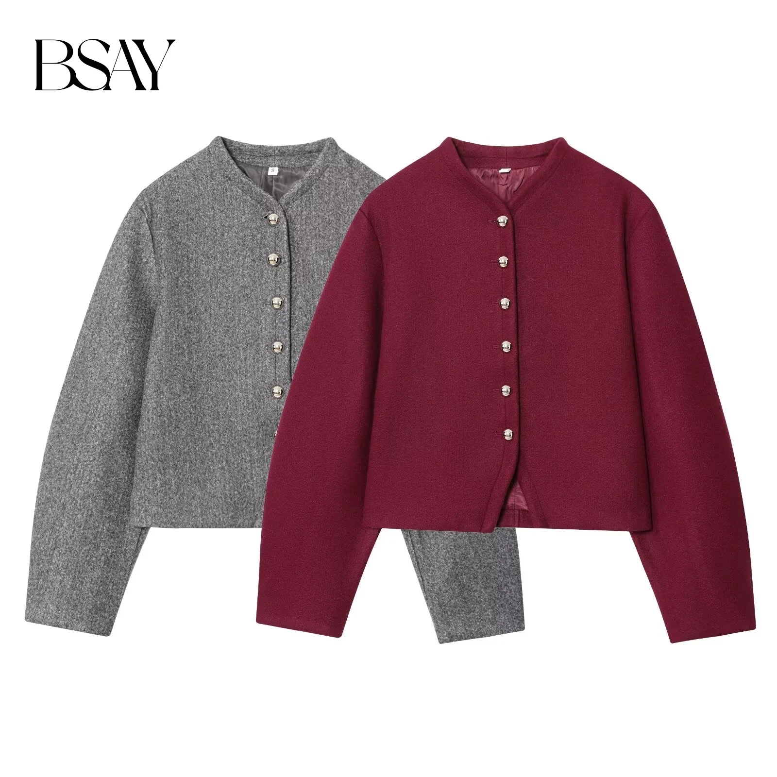 BSAY Mode Eenvoudige Effen Kleur 2025, Herfst Nieuw Product Knoopdecoratie Ronde Hals Commuter Jas Met Lange Mouwen