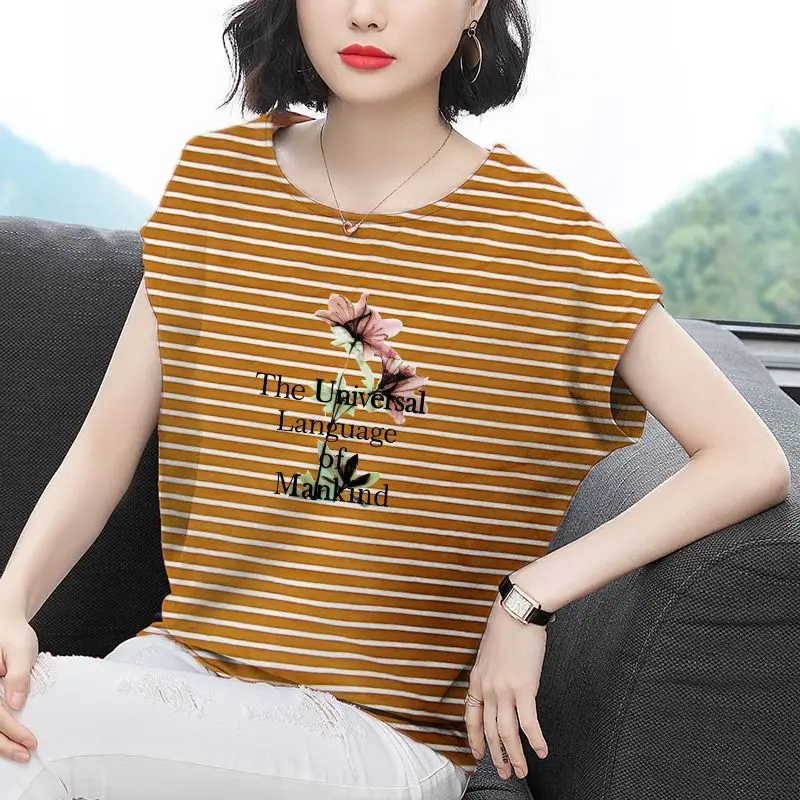 Fashion O-Neck Printed Letter Striped T-Shirt Women's Clothing 2024 Summer New Casual Pullovers Batwing Sleeve Korean Tee Shirt