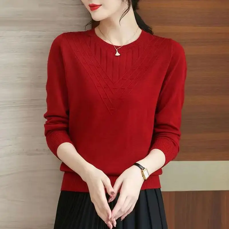 Round Neck Screw Thread Women\'s Clothing Autumn Winter Solid Color Pullover Sweater Knitted Elegant All-match Flattering Tops