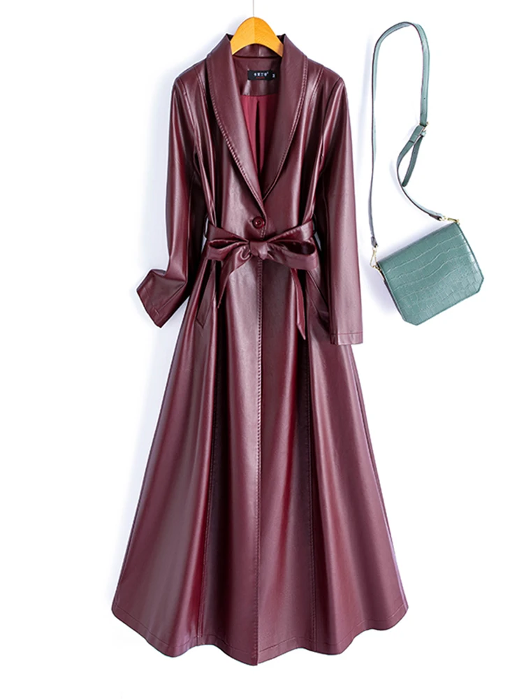 Cappotto in Vera Pelle Haining da Donna, Lungo, Nuova Collezione Primavera 2025, Versione Coreana Slim Fit, Sopra il Ginocchio, in Pelle di Pecora, Antivento