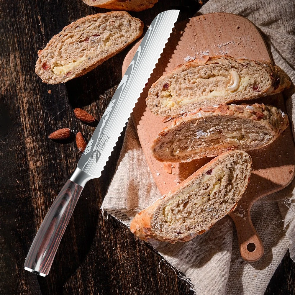 MDHAND Kitchen Bread Knife Serrated Design Laser Damascus Kitchen Knives 7CR17 Stainless Steel Blade Bread Chef Knives gift box