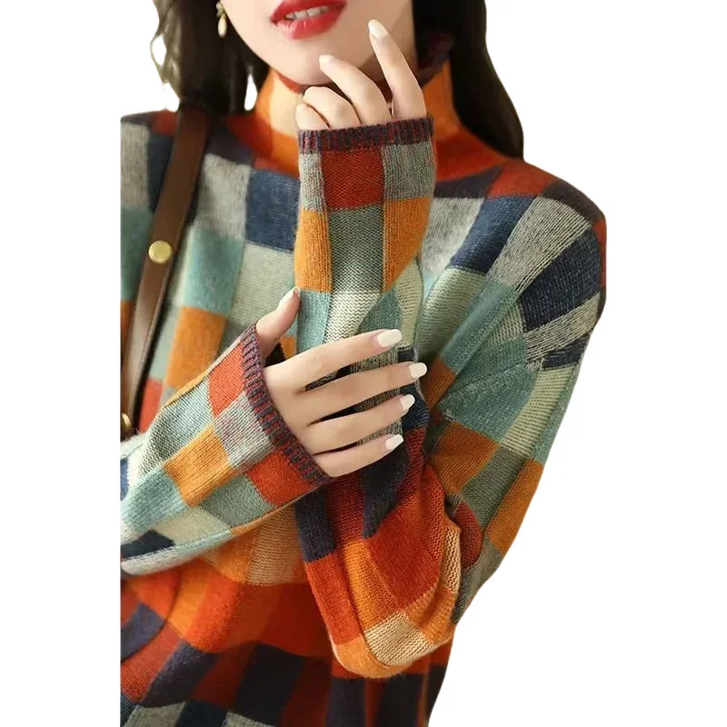 Winter Knitted Women Sweater Plaid Korean Fashion 2024 Turtleneck Long Sleeve Y2K Pullover Soft and Comfortable Sweaters