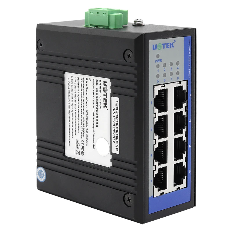 UOTEK 100M 8-port Unmanaged Ethernet Switch DIN-rail Ethernet Switch 12/24/48VDC Supports Full-duplex and Half-duplex UT-6408C