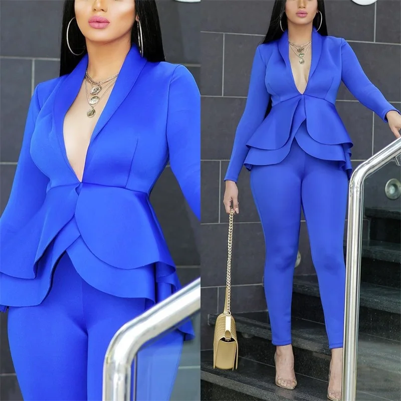 Conjunto de trajes de 2 piezas para mujer, traje Sexy azul, Blazer + pantalón, vestido de graduación, esmoquin de oficina, dobladillo con volantes, hecho a medida