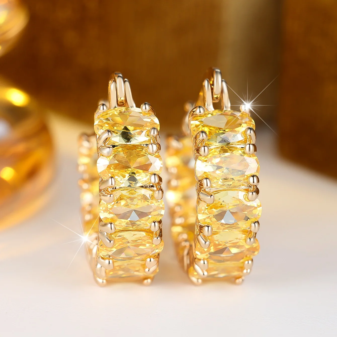 Crystal Yellow Oval Zircon Stone Hoop Earrings For Women Vintage Gold Color Wedding Jewelry