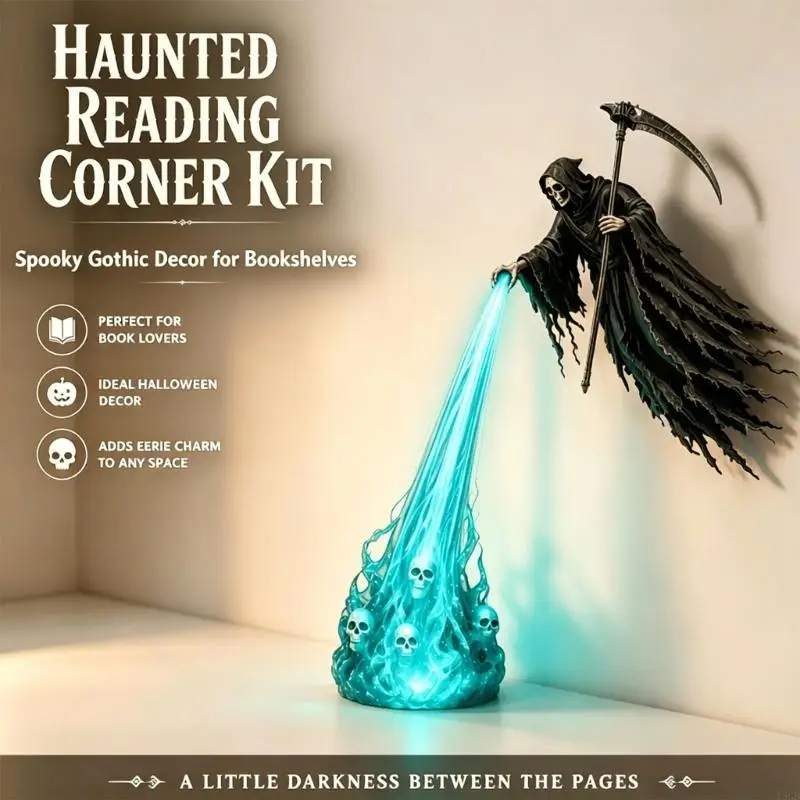 3D Printed Fantasy Shelf Decors,Bookshelf Nooks Light Grim Reapers Sculpture with Hooded, Arcing Blade, Blue-Green Beam Y5GB